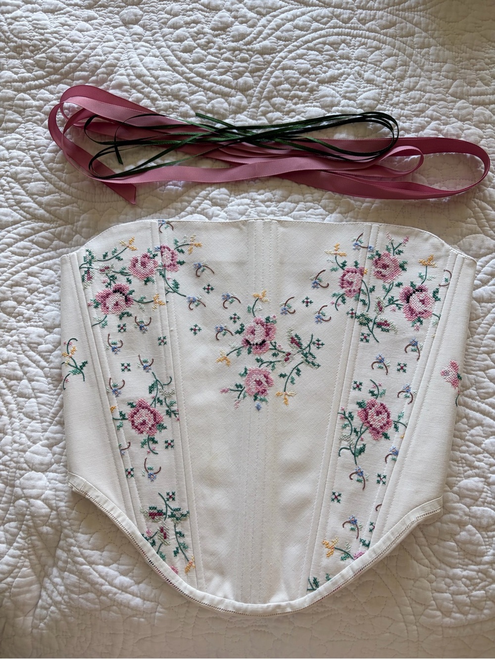 White Floral Embroidered Corset Top with Pink Roses